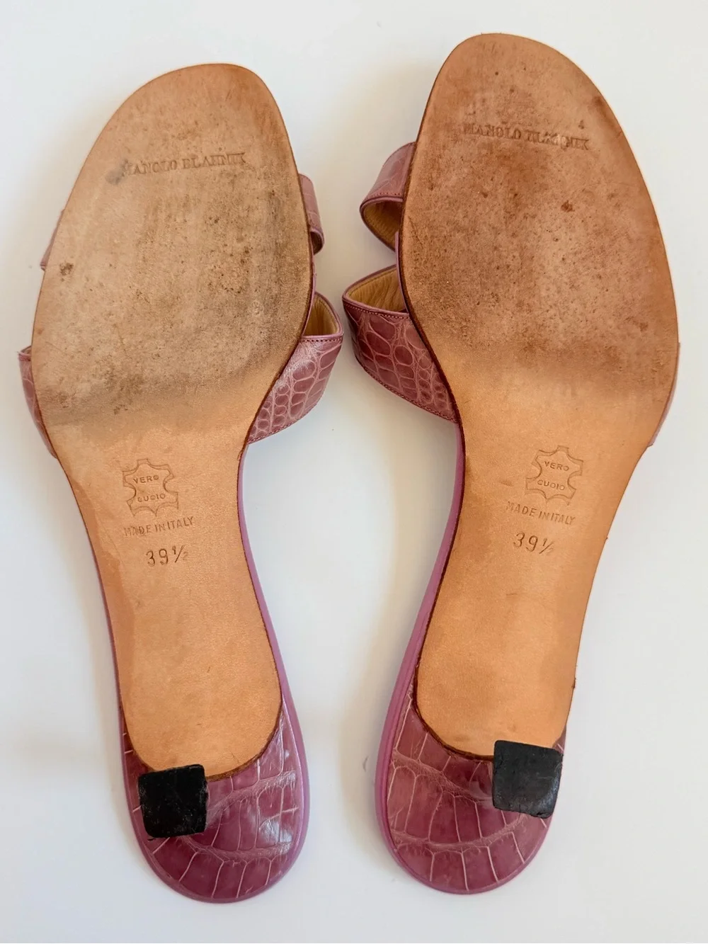 Manolo Blahnik Callamu Lilac Pink Crocodile Leather Crisscross Mules Heel 39.5 - Picture 8 of 8